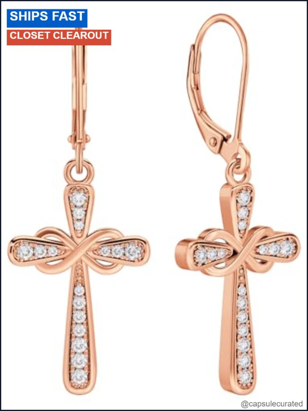 925 Sterling Silver Dangle Cross Earrings with Cubic Zirconia Leverback